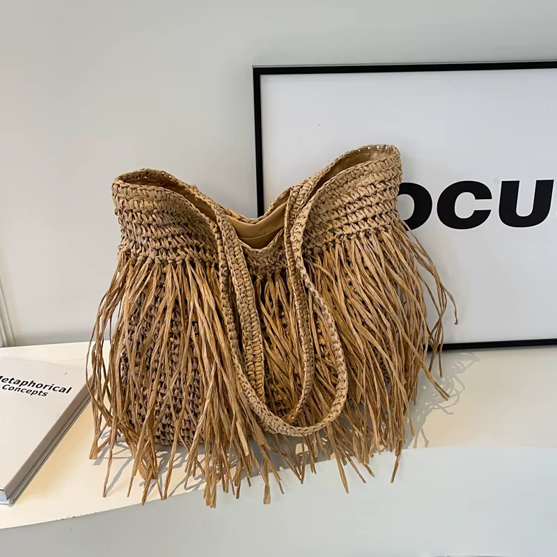 Sac fourre-tout en paille solide tissé pour femme