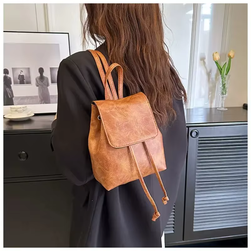Nouveau Mini sac à dos artistique marron avec cordon de serrage pour femmes