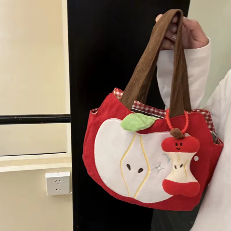 Sac à main pomme rouge créatif et mignon en velours côtelé