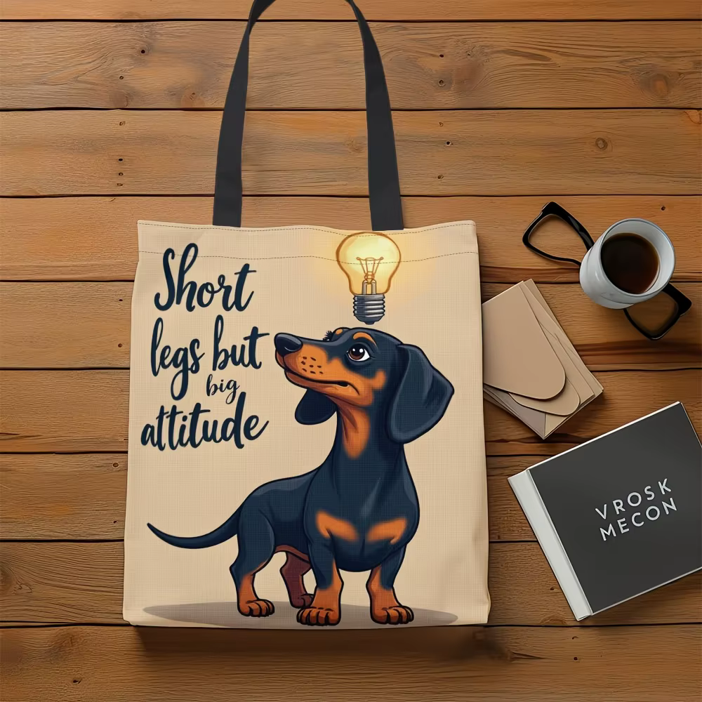 Sac fourre-tout amusant en polyester durable à grande capacité avec motif de dessin animé Teckel « Jambes courtes