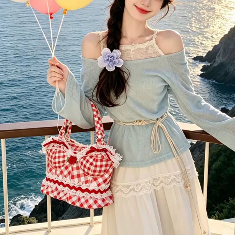 Sac à main vintage en cuir PU à carreaux avec dentelle florale et motif rose