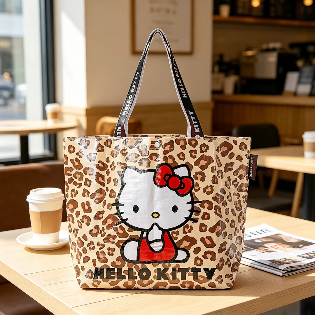 Sac de rangement grande capacité en tissu écologique à imprimé léopard Hello Kitty