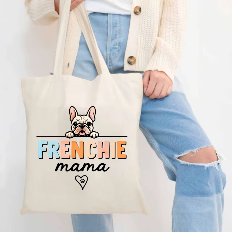 Sac fourre-tout en toile à motif de chien mère seau français de couleur crème