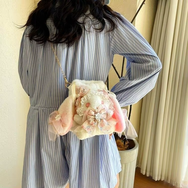 Lolita rose lapin dessin animé sac à bandoulière femmes Floral Patchwork nœud en peluche doux sac