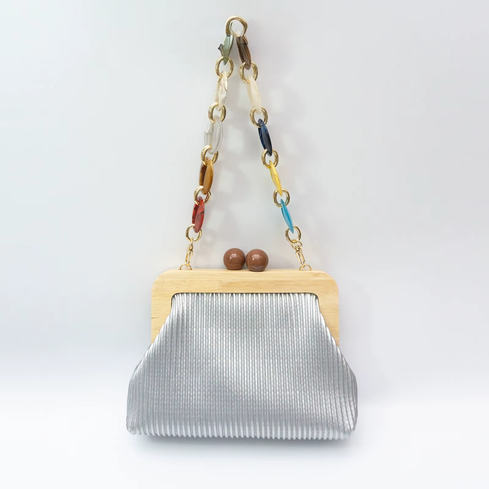 Sac de soirée élégant pour femme en paille avec cadre en bois et chaîne en acrylique