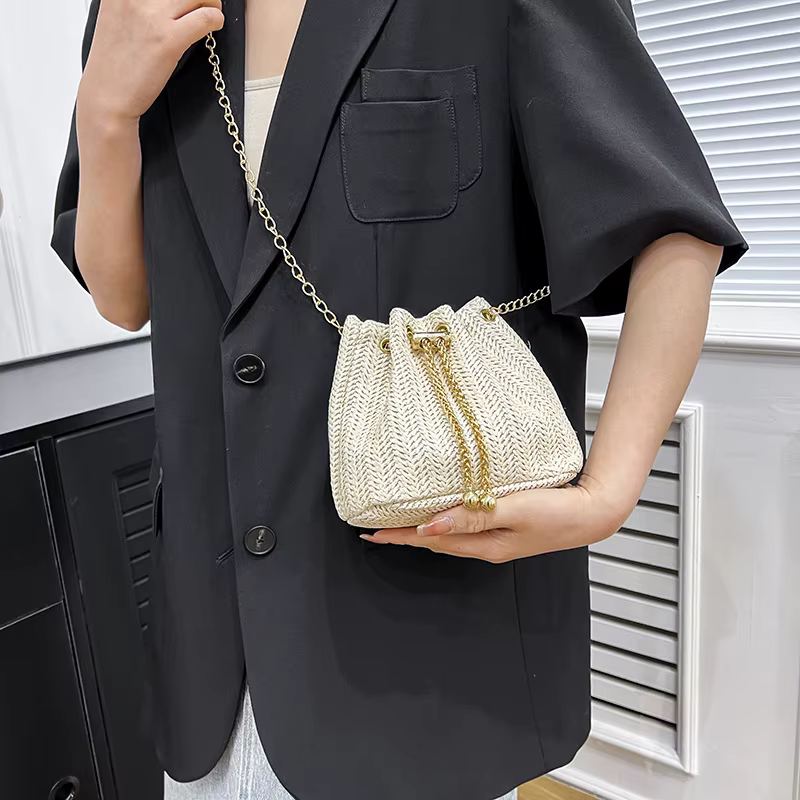 JOinitied-Sac messager beige en paille tressée pour femme