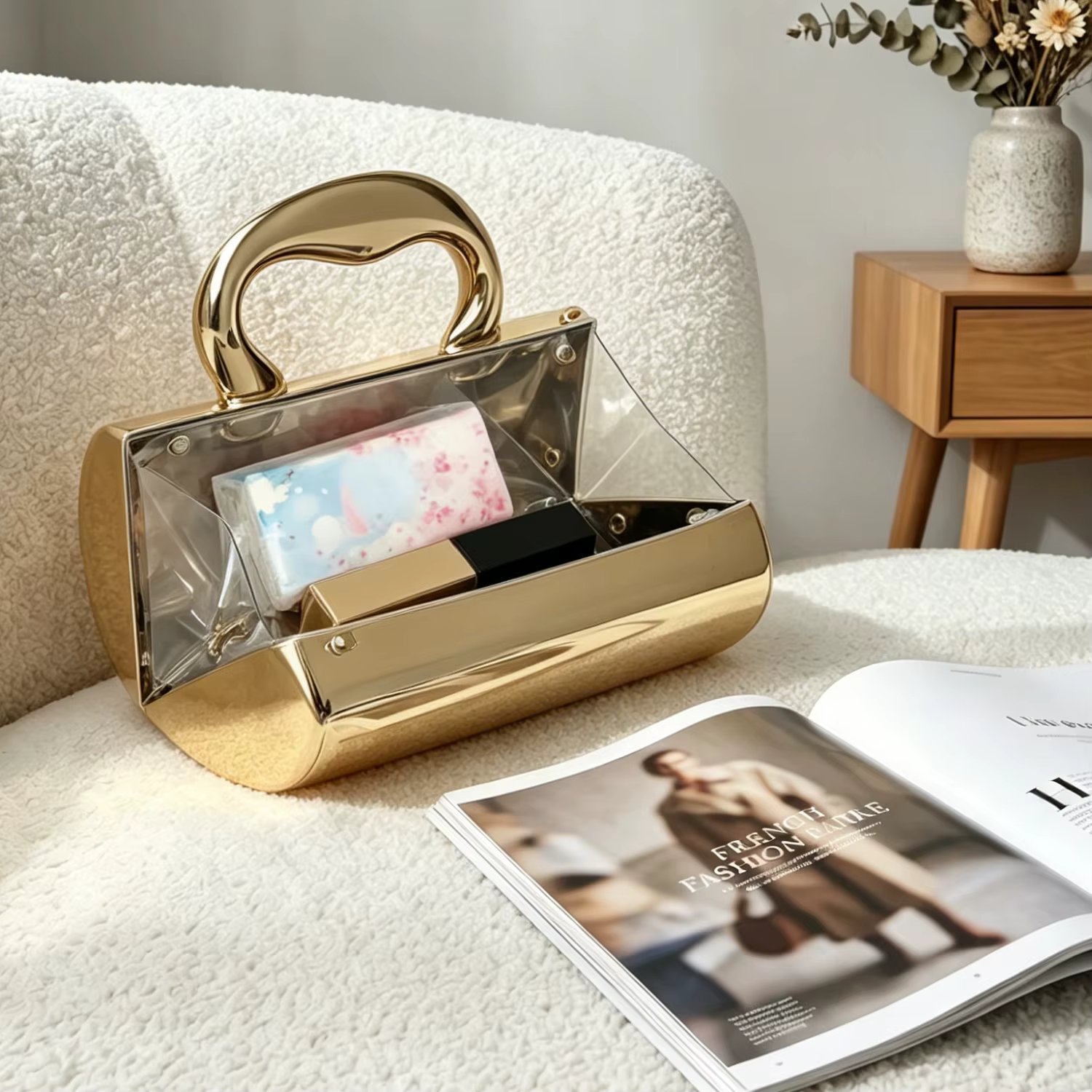 Mini pochette élégante pour femme en acrylique doré cylindrique avec une chaîne