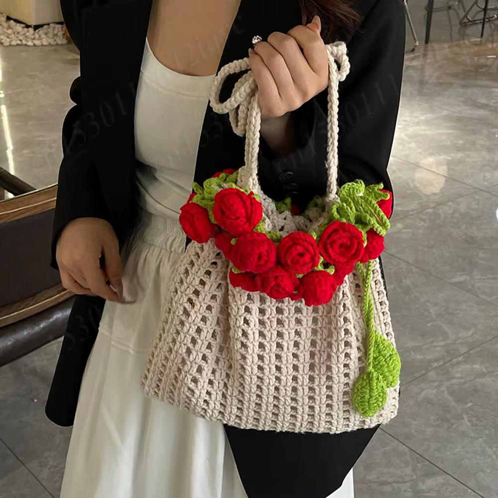 Rose Crochet sac à main 2025 printemps mignon tricoté sac à bandoulière romantique concepteur Floral évidé dames sac
