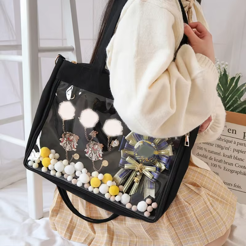 Grand sac Ita noir avec insert japonais mignon clair femmes Double sangles filles Kawaii sac à bandoulière Transparent