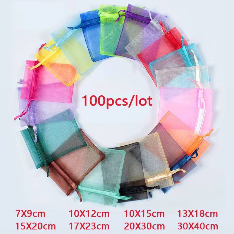 Sac en Organza 100 pièces/lot 7x9 9x12 10x15 15x20 20x30 sacs cadeaux