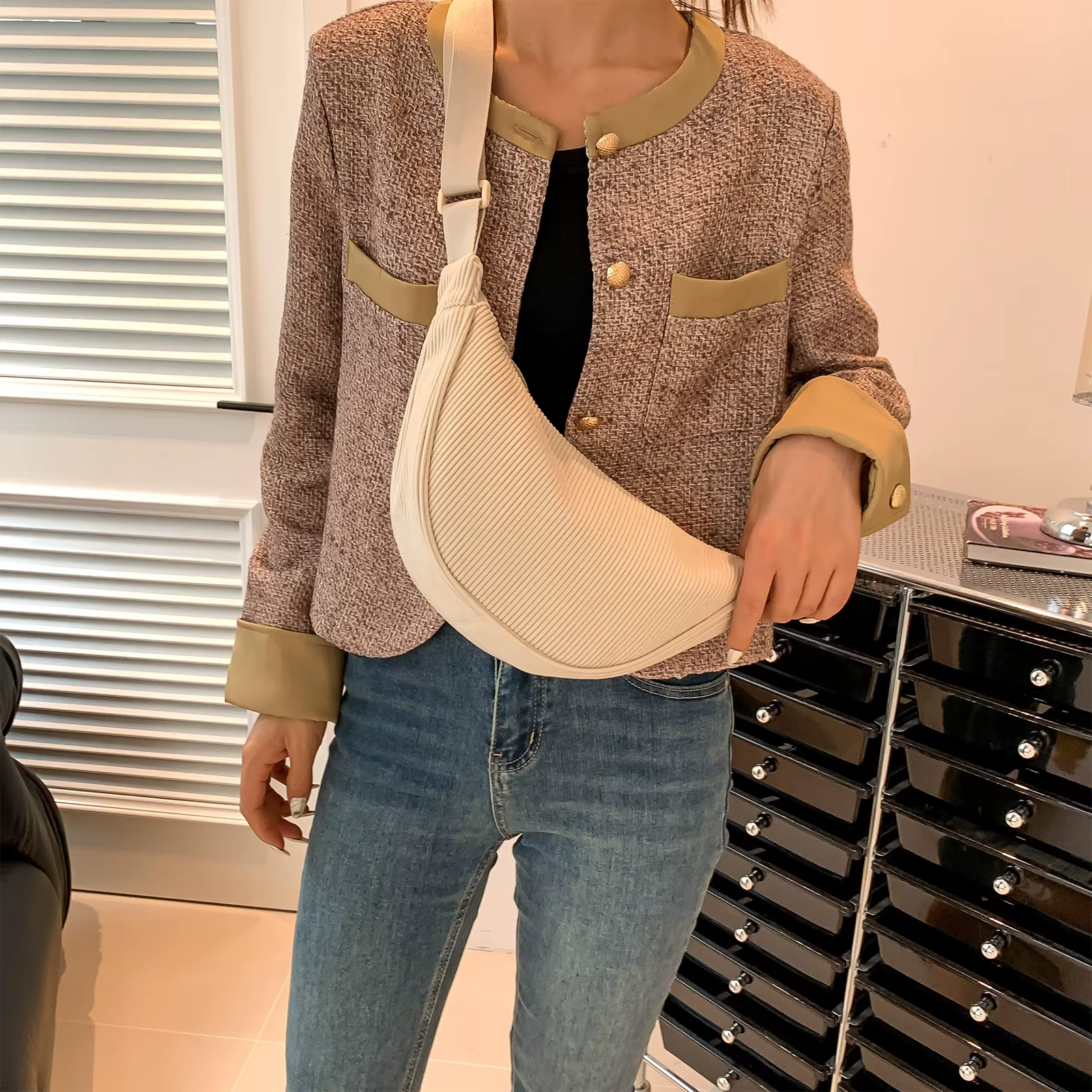 Sac à bandoulière en velours côtelé orange pour femme