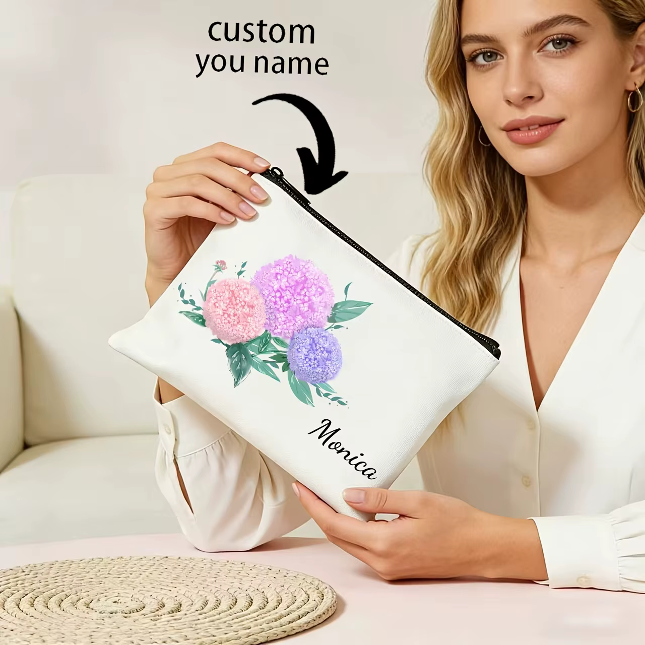 Pochette cosmétique personnalisée à imprimé hortensia