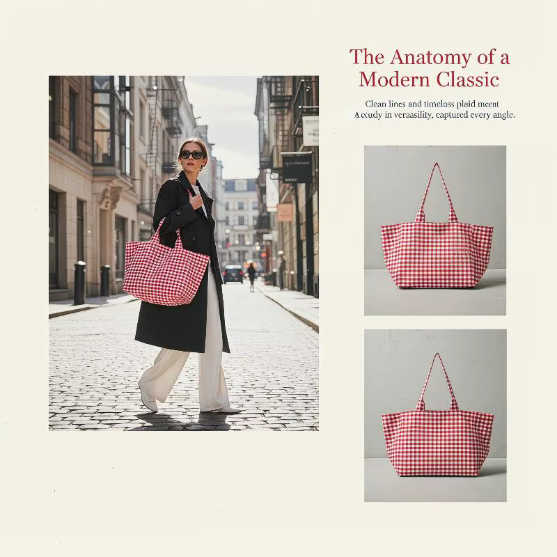 Sac fourre-tout en toile à carreaux avec motif