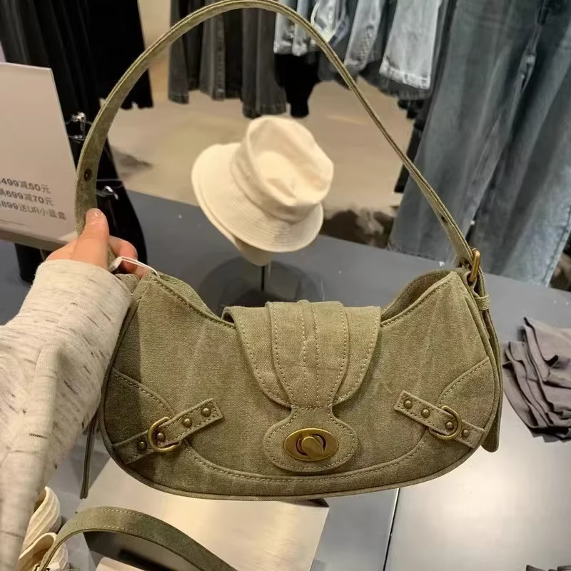 Y2k Vintage sac à bandoulière Style de rue américain Rivets vert toile sac à main gothique Punk Biker Cool Designers