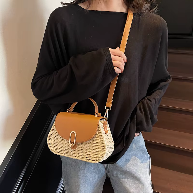 Sac de plage en paille et cuir PU