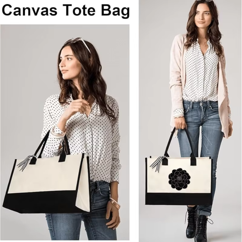 Sac fourre-tout en toile à motif floral crème et noir