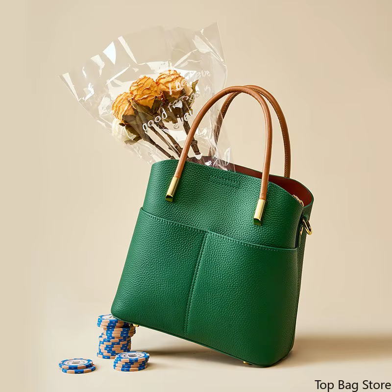 Sac seau en cuir véritable pour femme avec poignée supérieure et bandoulière amovible