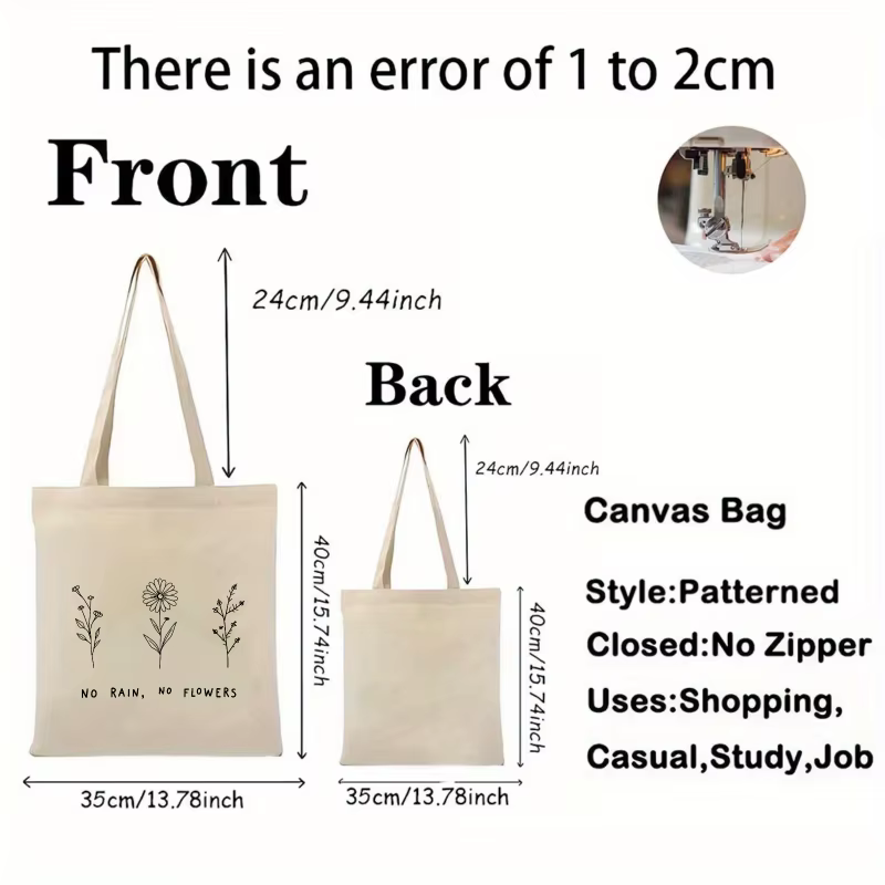 Sac fourre-tout en coton à motif floral crème et texte "No Rain No Flower"
