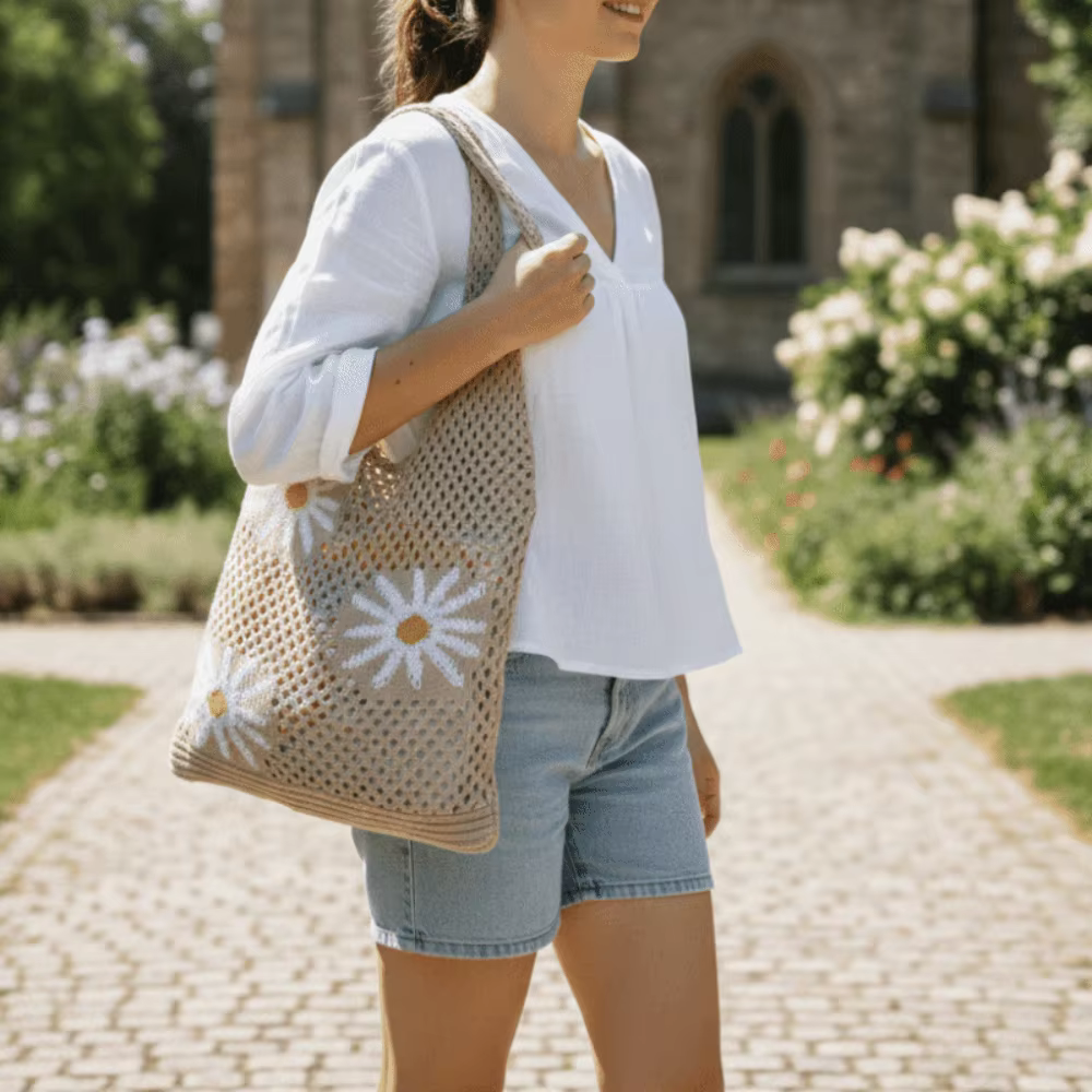 Sac fourre-tout tendance rétro en crochet à motif floral