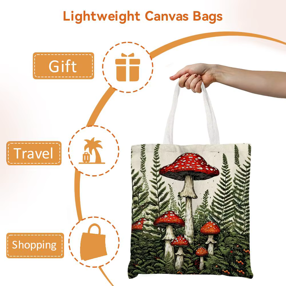 Sacs de rangement à motif champignon, sacs fourre-tout à bandoulière en toile imprimée double face, sacs de shopping tendance, sacs écologiques, sacs cadeaux