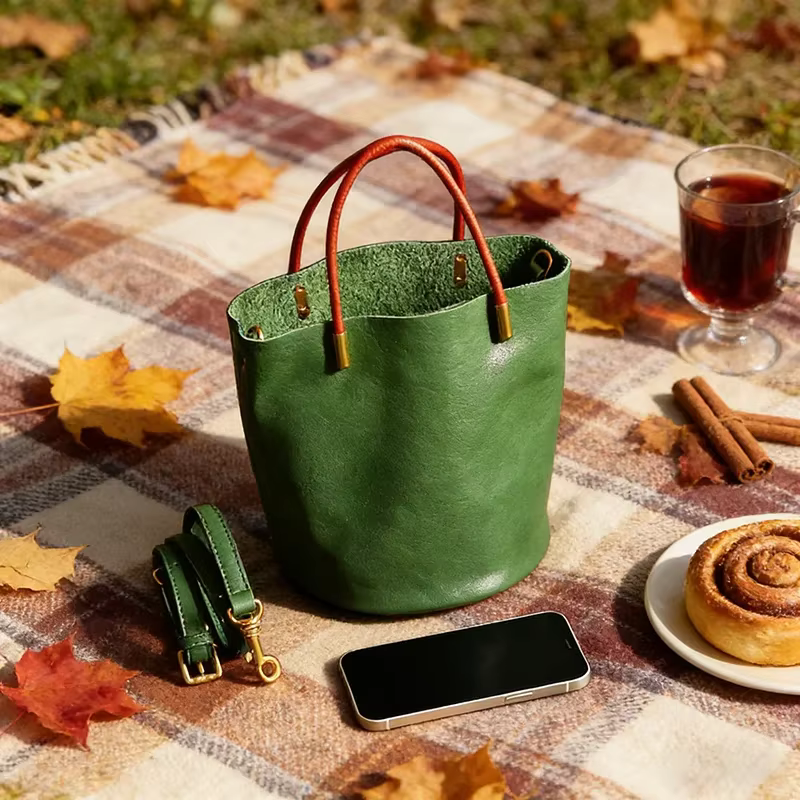 Sac seau vert japonais tendance en cuir PU