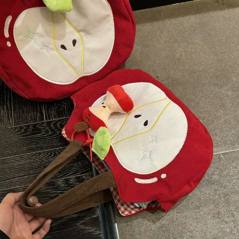 Sac à main pomme rouge créatif et mignon en velours côtelé