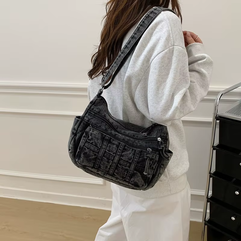 Sac à bandoulière en Denim solide avec fermeture éclair, fil à coudre, grande capacité, haute qualité, polyvalent, simplicité, sacs à bandoulière simples pour femmes, 2026