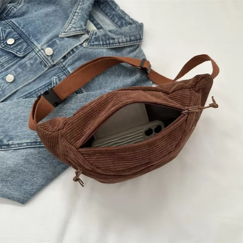 Sac banane femme en velours côtelé et toile