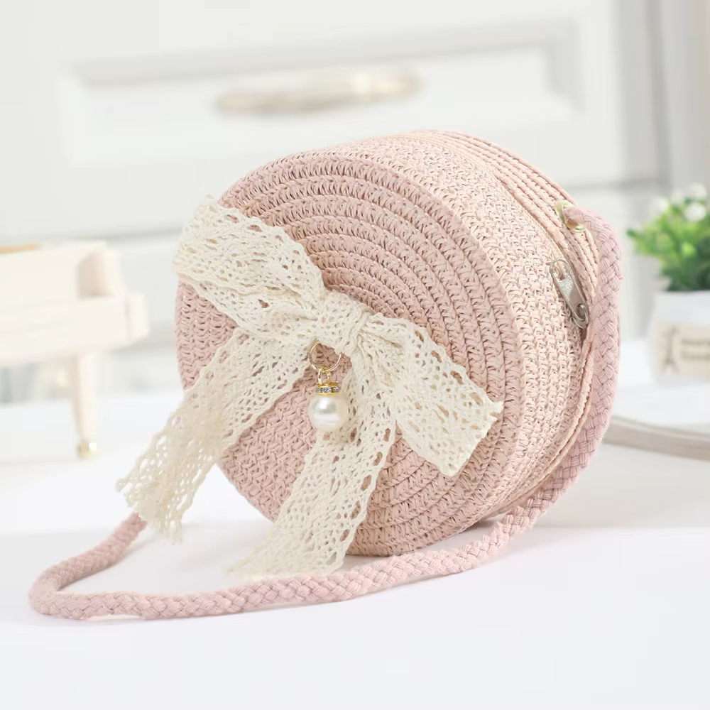 Mini sac en paille avec nœud en dentelle