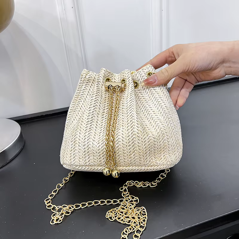 JOinitied-Sac messager beige en paille tressée pour femme