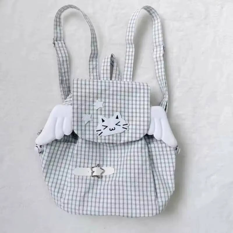 Sac à dos chat brodé noir blanc Style à carreaux léger mignon petites épaules polyvalent étudiant trajet Campus sac à dos