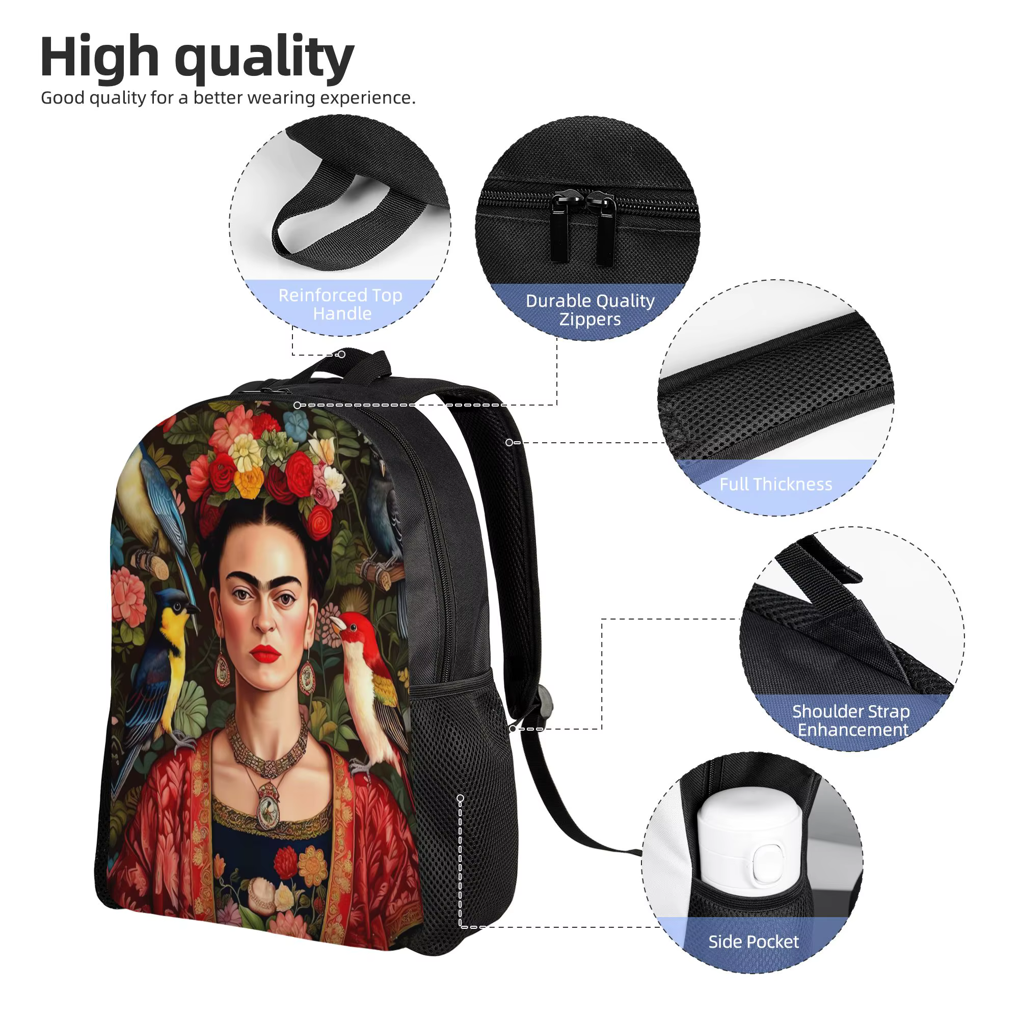 Sac à dos esthétique à imprimé floral F-Frida K-Kahlo