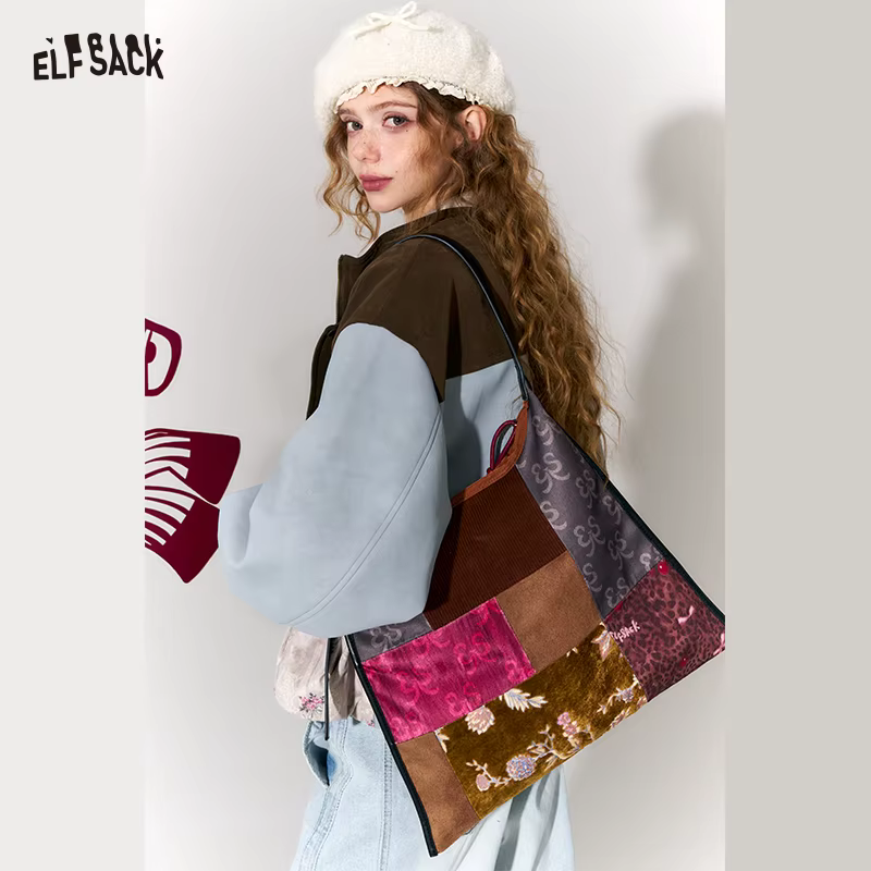 ELFSACK nouveau sac fourre-tout de grande capacité en cuir PU Patchwork Oriental pour les femmes