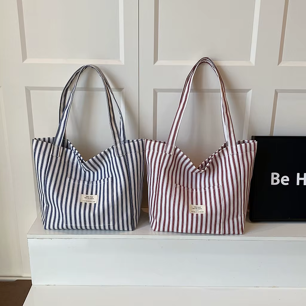 Sac fourre-tout en toile à rayures verticales, grande capacité, écologique, en coton, minimaliste, sac à bandoulière décontracté, pochette quotidienne en tissu