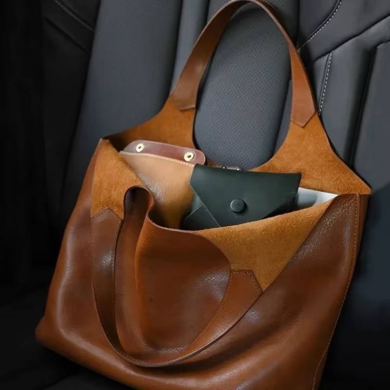 Sac fourre-tout en cuir souple marron de grande capacité pour femmes