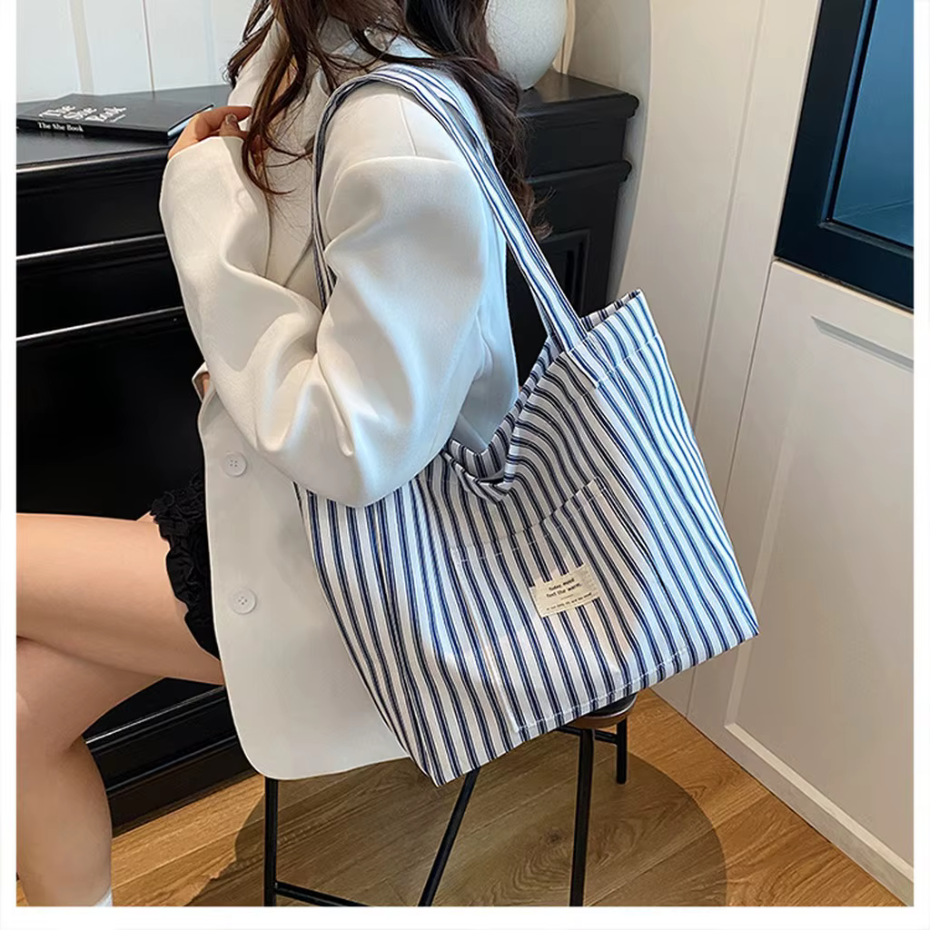 Sac fourre-tout en toile à rayures verticales, grande capacité, écologique, en coton, minimaliste, sac à bandoulière décontracté, pochette quotidienne en tissu