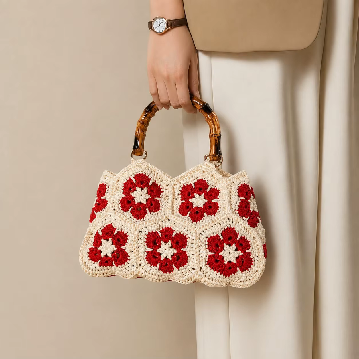 Sac en crochet floral tissé à la main avec une belle poignée – Sac fourre-tout rétro style Granny Square pour femme