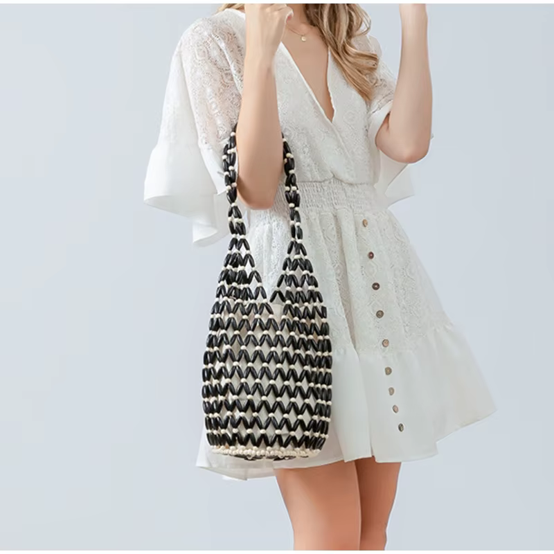 Sac tissé en perles de bois pour femmes