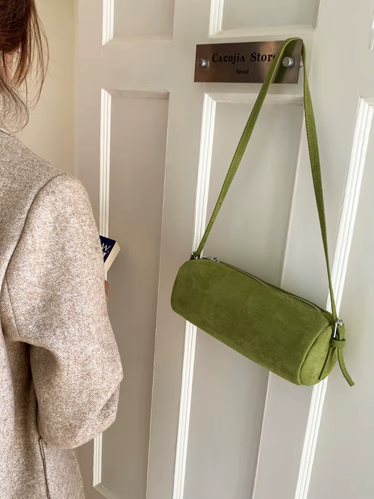 Sac cylindrique givré en daim de couleur unie pour femmes, sacs à bandoulière de grande capacité, tendance pour les déplacements et les Shopping