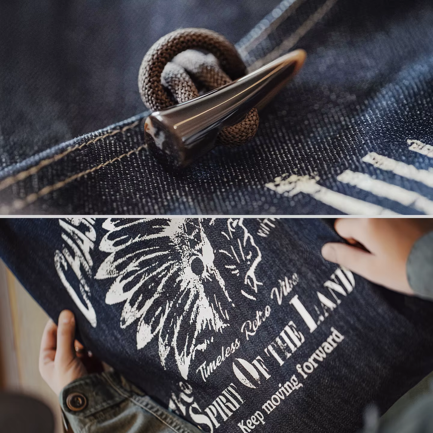 Maden Sac fourre-tout en denim vintage pour femme Grand sac à main à bandoulière décontracté imprimé totem indien Sac de transport quotidien bleu délavé à bascule