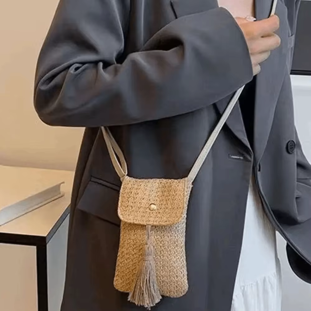 Sac à main tissé en paille tendance, fait main, style coréen, pochette pour téléphone pour femme, design de niche, couleur unie, sac de plage tissé, été