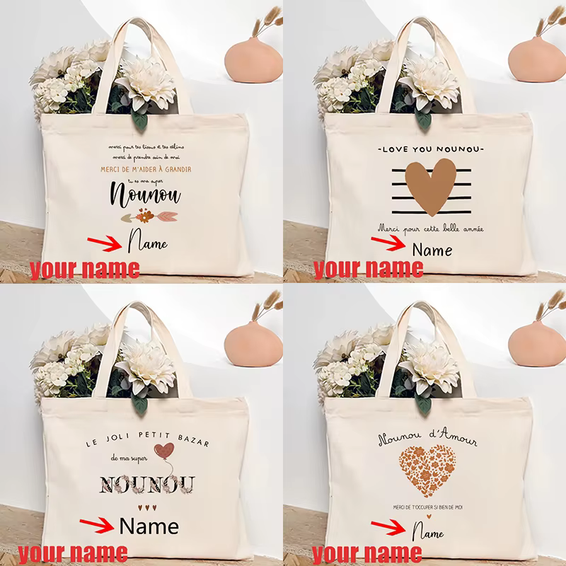 Merci Nounou nom personnalisé sac à main fourre-tout organisateur sacs à provisions réutilisables rangement de voyage