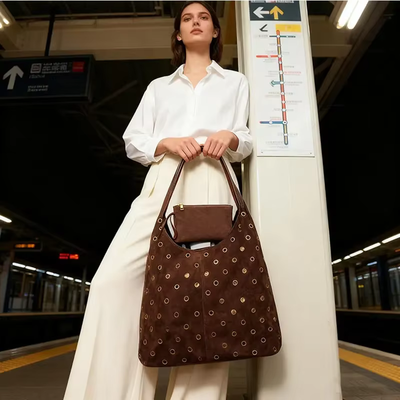 Sac fourre-tout clouté en daim et métal avec portefeuille assorti