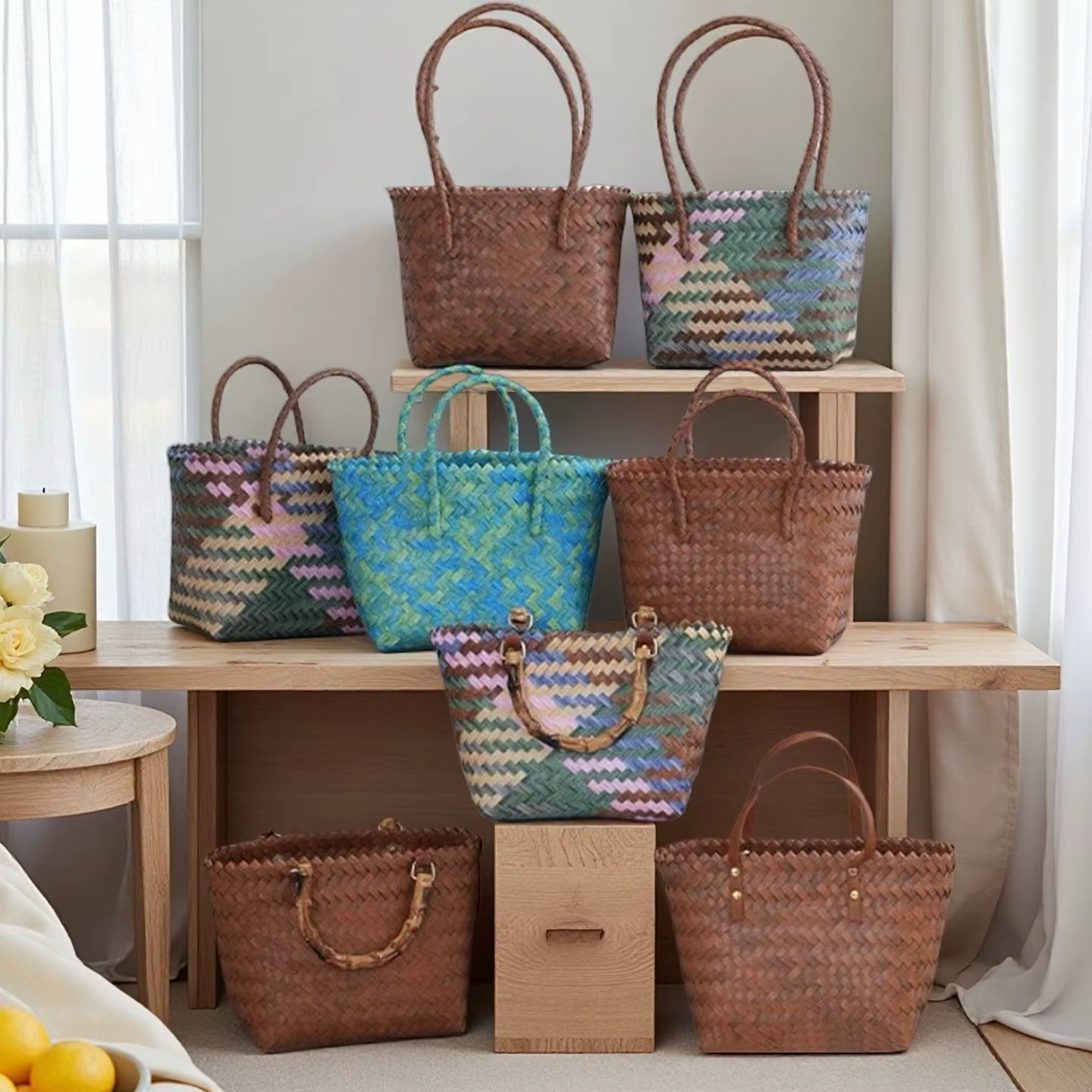 Sac fourre-tout rétro en osier marron pour femme