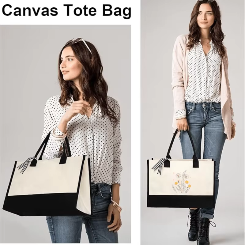Sac à main en toile imprimé pissenlit noir et fleurs sauvages pour un usage quotidien