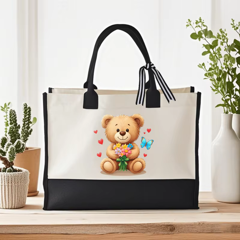 Adorable sac à main en forme d'ours en peluche crème et noir avec imprimé ours floral et cœur