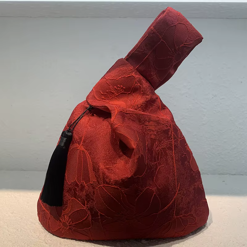Sac à main en jacquard floral élégant avec nœud en satin et pompon