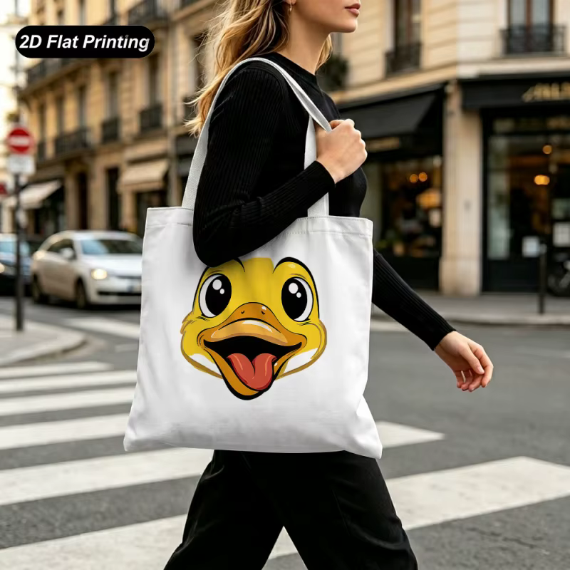 Sac fourre-tout imprimé à plat de grande capacité avec dessin animé du petit canard jaune 2D
