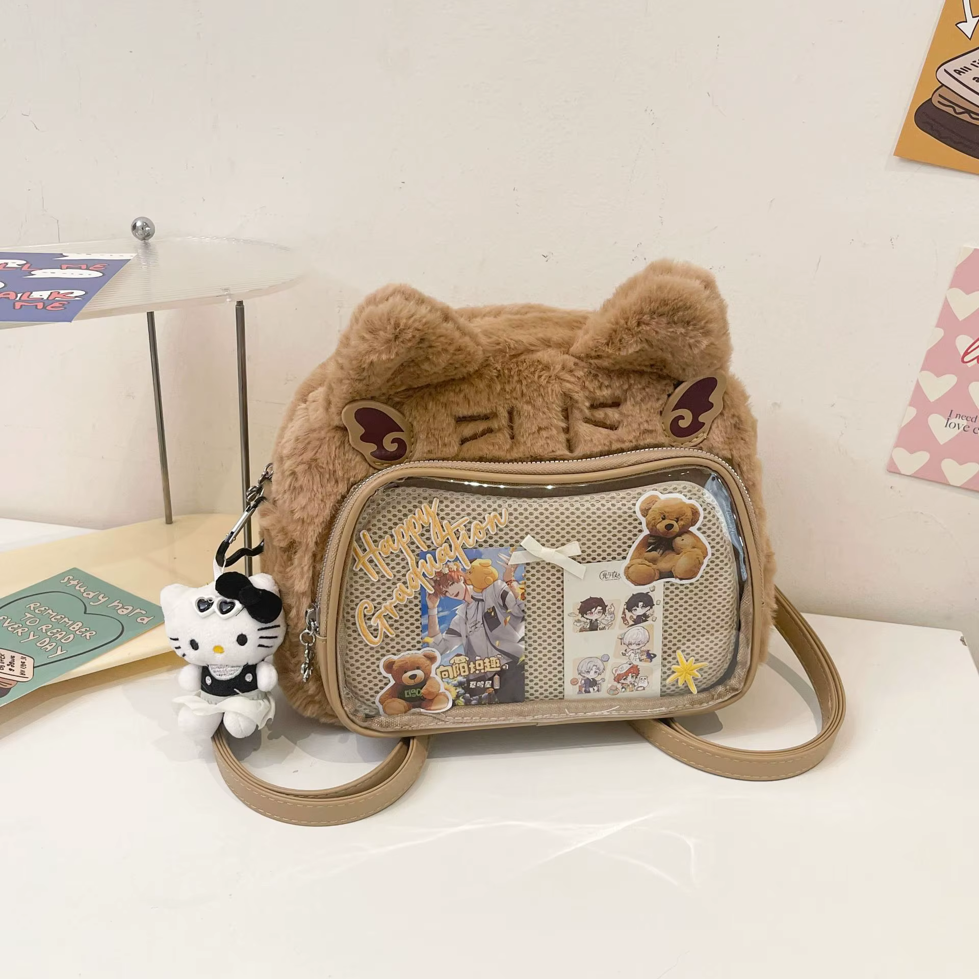 Doux mignon chat rose Mini sac à dos femmes Harajuku esthétique en peluche