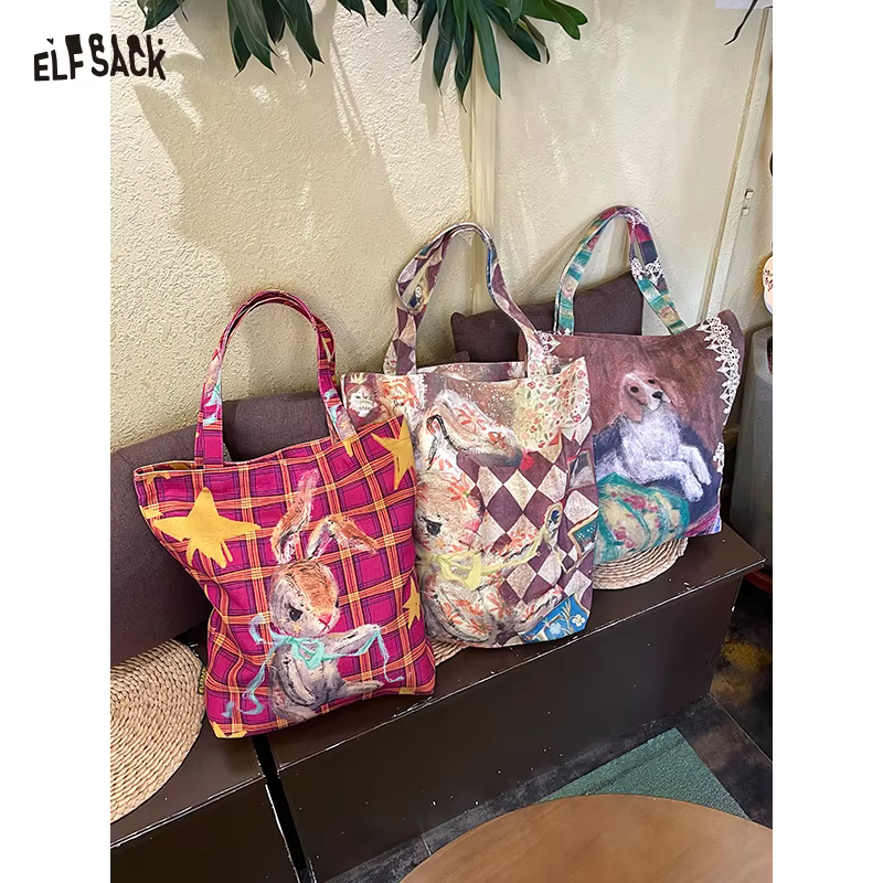 ELFSACK 2025 automne nouveauté Y2K coloré peint à la main Animal sac fourre-tout Original Art impression toile sac à bandoulière pour femme
